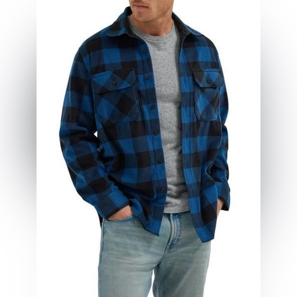 Men's Wrangler‎ Fleece Button Down Flannel Small Blue Black Buffalo Check Plaid